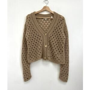 VINCE. Crochet Open Knit Wool Cashmere Luxury Cardigan Amber Light - Medium
